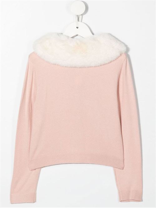 Cardigan bambina rosa chiaro con collo in pelliccia bianca Miss Blumarine | IF2054MAB01R9467